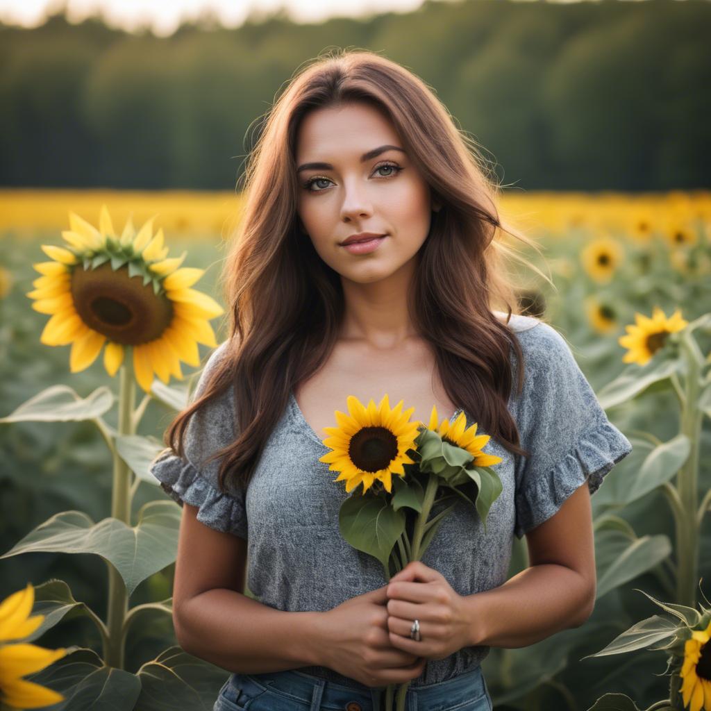 A stunning image of beautiful woman with sunflowers in a rural field.