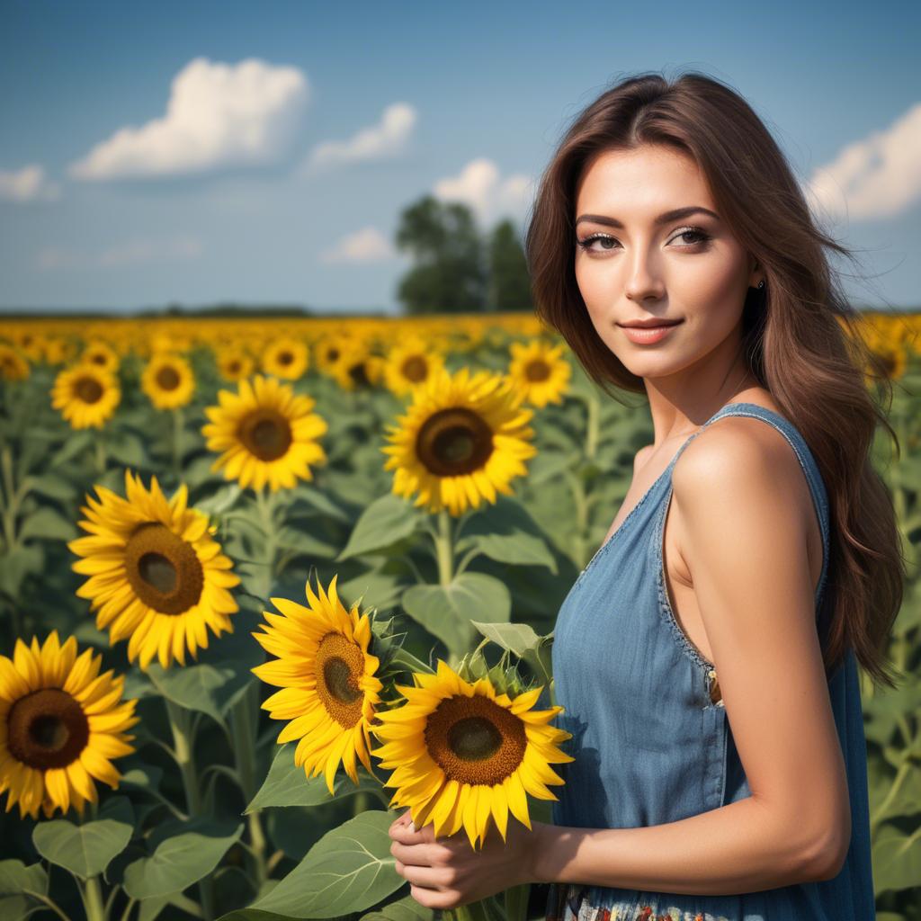 A stunning image of beautiful woman with sunflowers in a rural field.