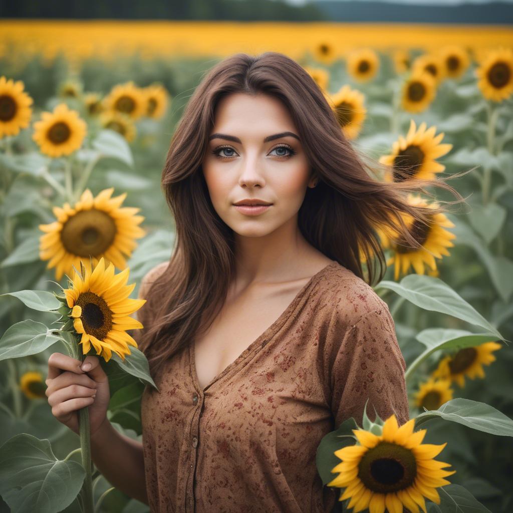 A stunning image of beautiful woman with sunflowers in a rural field.