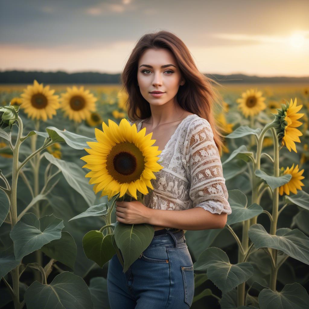 A stunning image of beautiful woman with sunflowers in a rural field.
