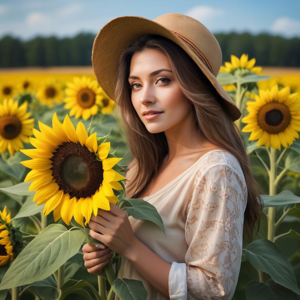 A stunning image of beautiful woman with sunflowers in a rural field.