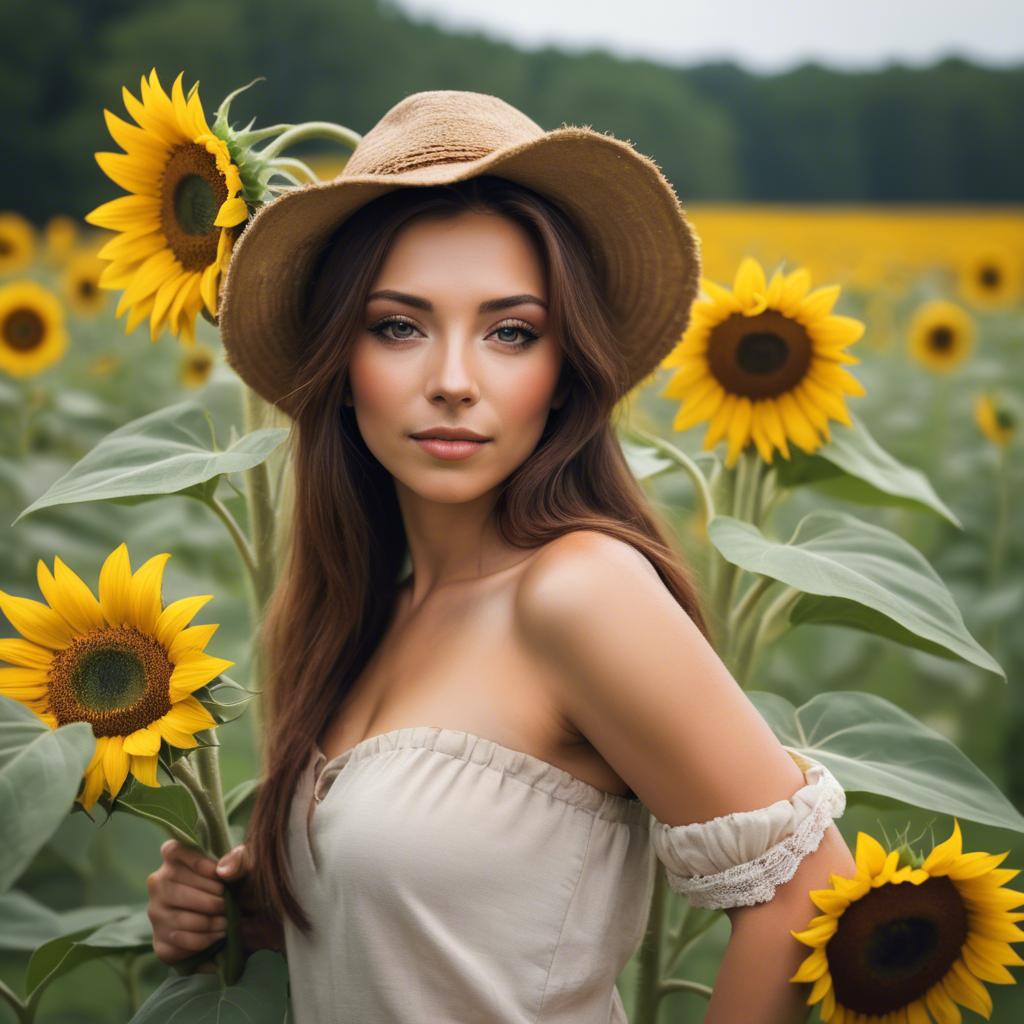 A stunning image of beautiful woman with sunflowers in a rural field.