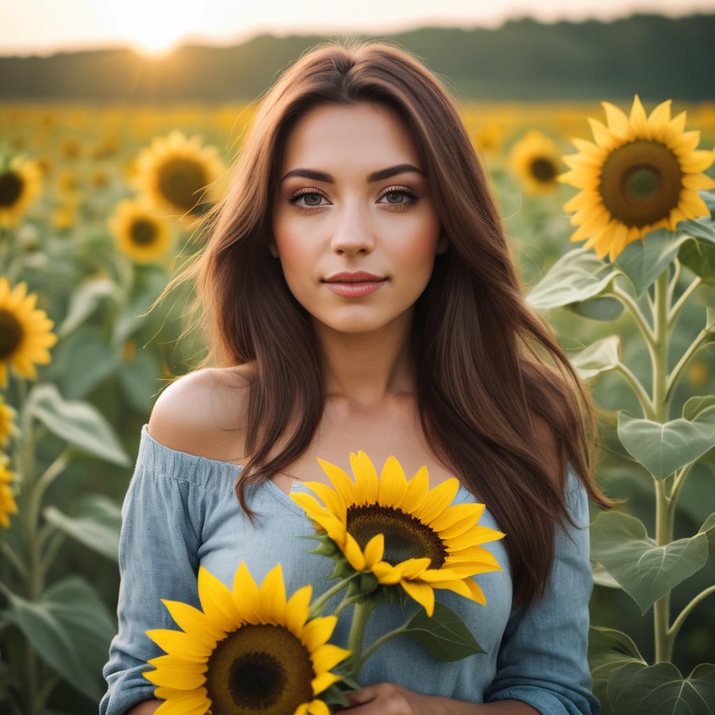 A stunning image of beautiful woman with sunflowers in a rural field.
