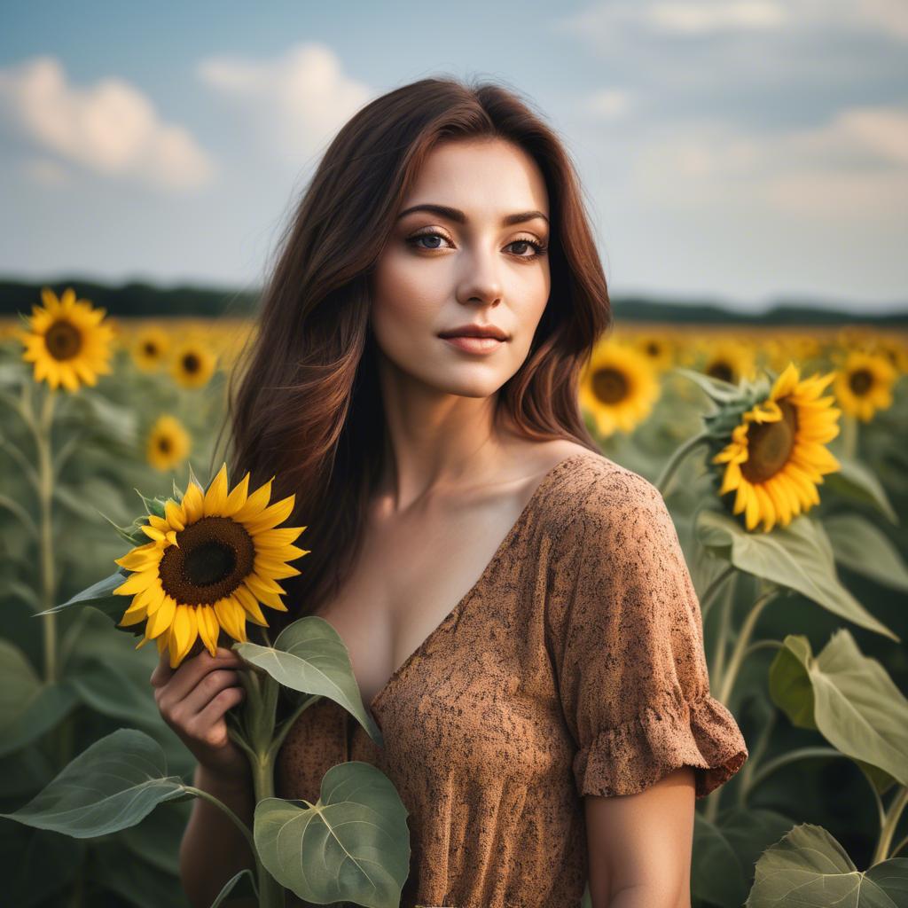 A stunning image of beautiful woman with sunflowers in a rural field.