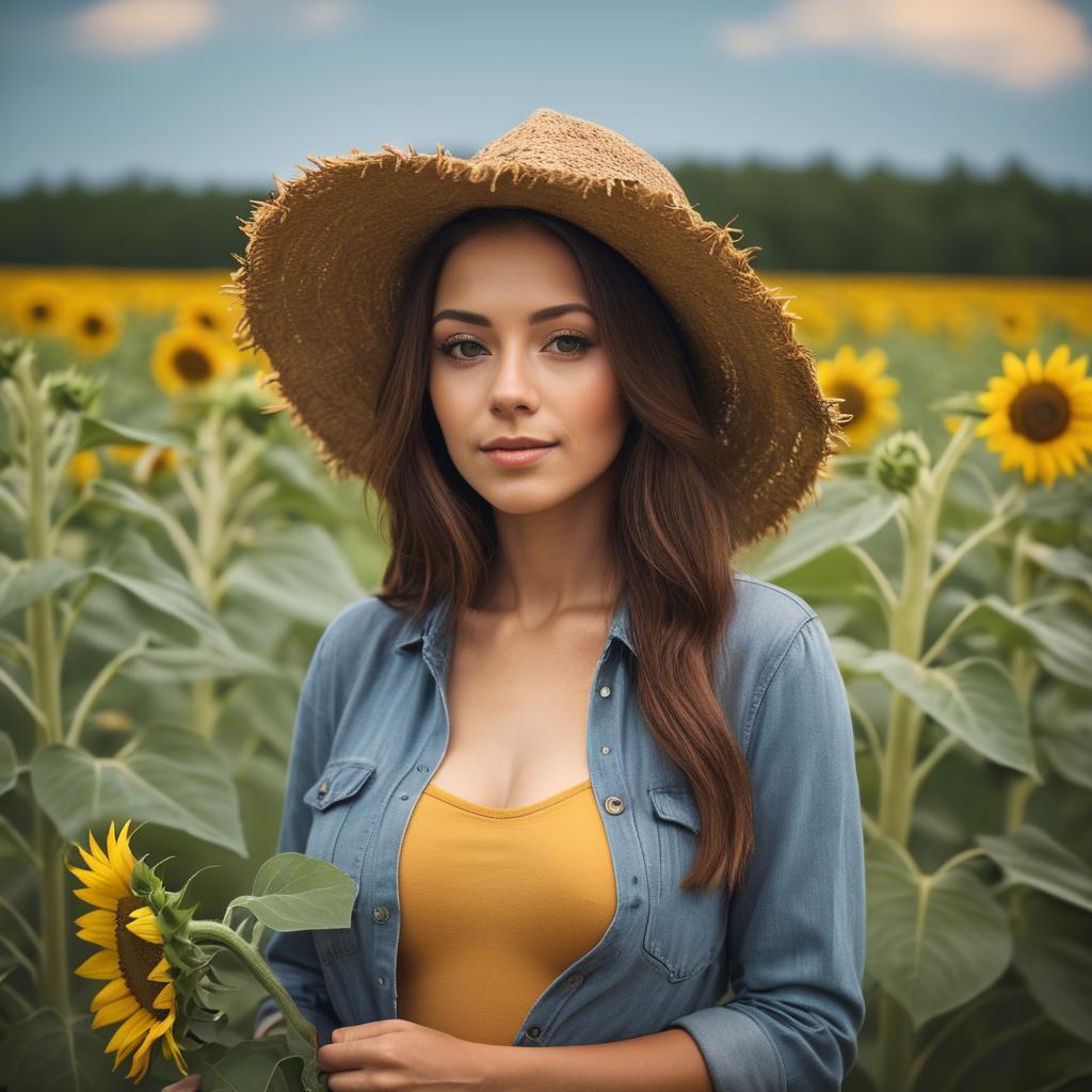 A stunning image of beautiful woman with sunflowers in a rural field.