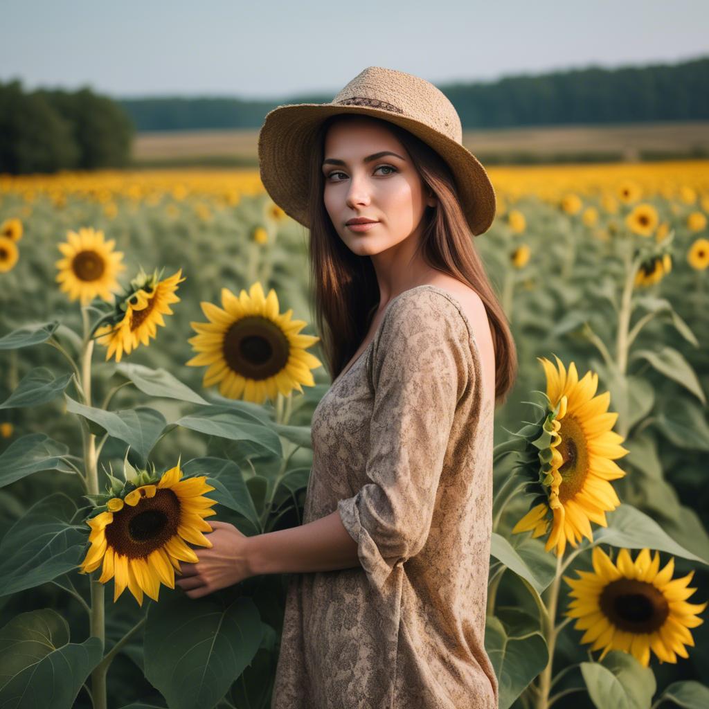 A stunning image of beautiful woman with sunflowers in a rural field.
