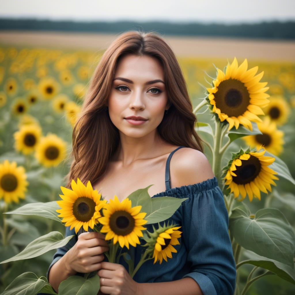 A stunning image of beautiful woman with sunflowers in a rural field.