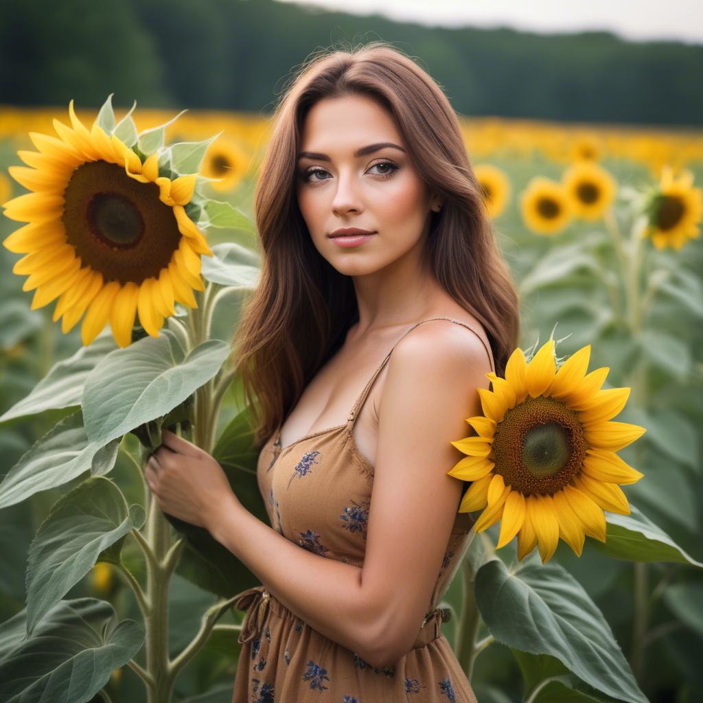 A stunning image of beautiful woman with sunflowers in a rural field.