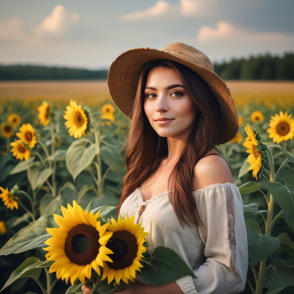 A stunning image of beautiful woman with sunflowers in a rural field.