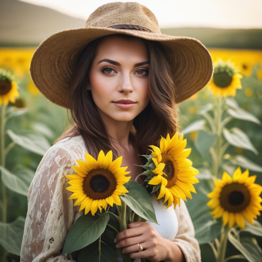 A stunning image of beautiful woman with sunflowers in a rural field.