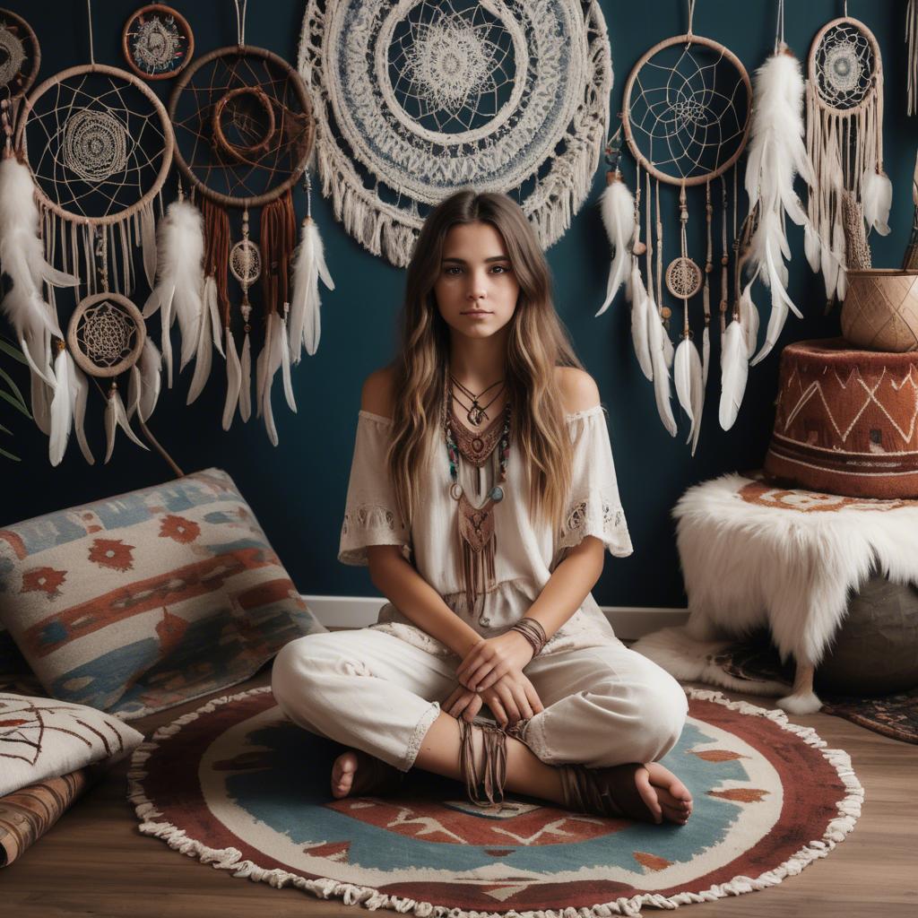 A stunning image of bohemian girl surrounded by dreamcatchers and rugs.