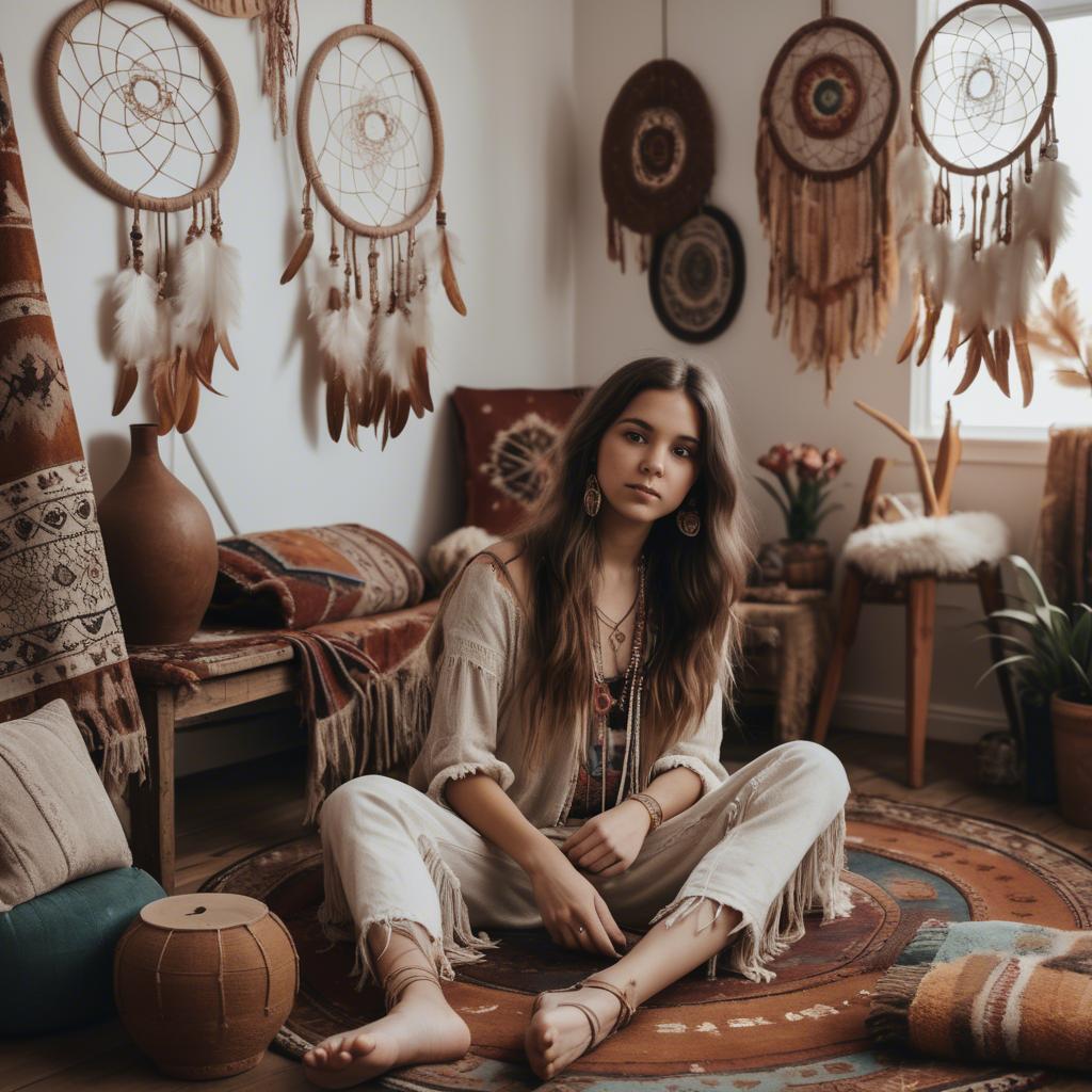A stunning image of bohemian girl surrounded by dreamcatchers and rugs.