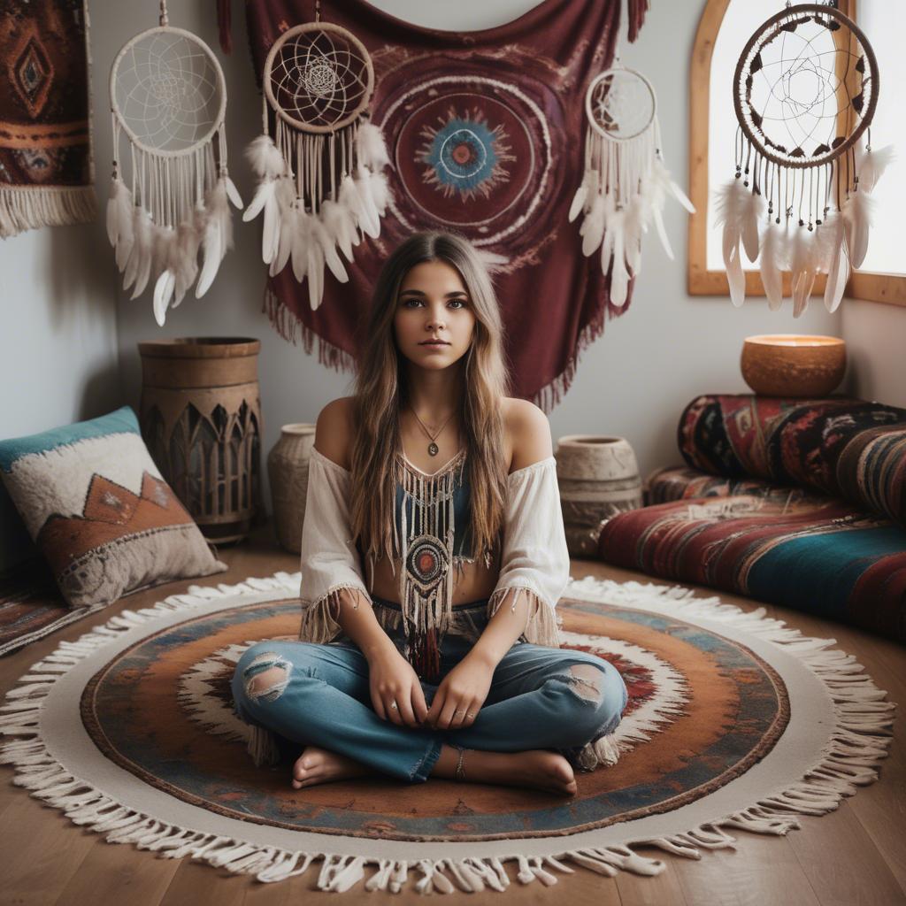 A stunning image of bohemian girl surrounded by dreamcatchers and rugs.