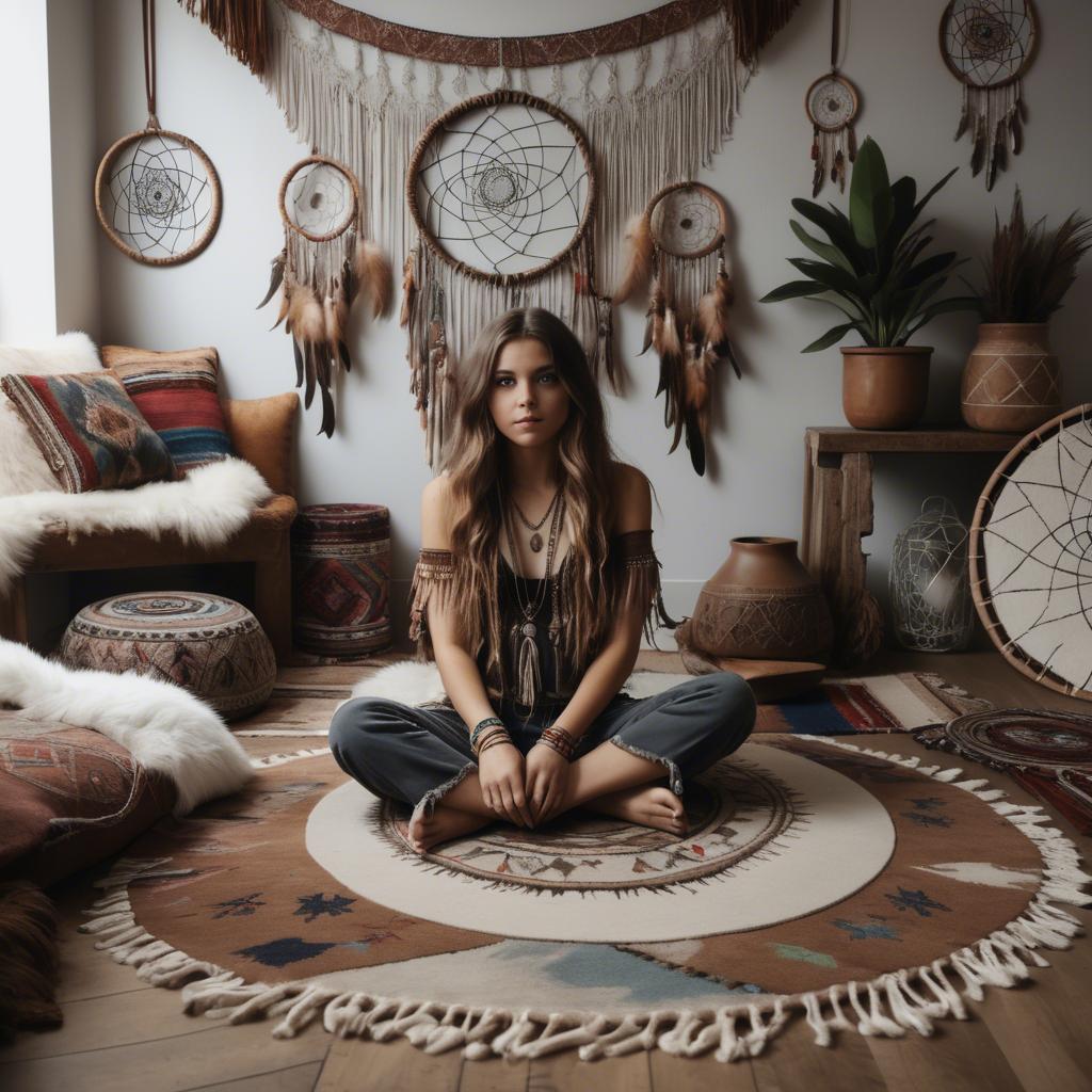 A stunning image of bohemian girl surrounded by dreamcatchers and rugs.