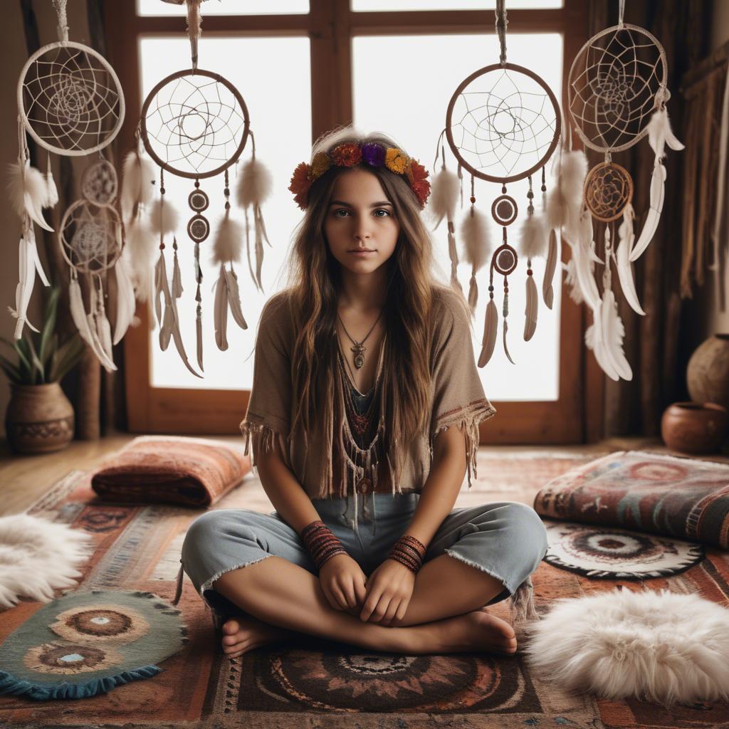 A stunning image of bohemian girl surrounded by dreamcatchers and rugs.