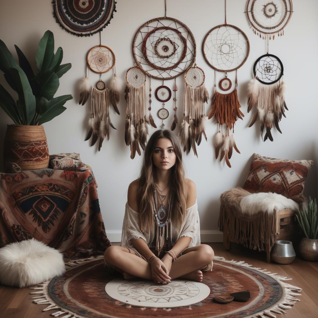 A stunning image of bohemian girl surrounded by dreamcatchers and rugs.