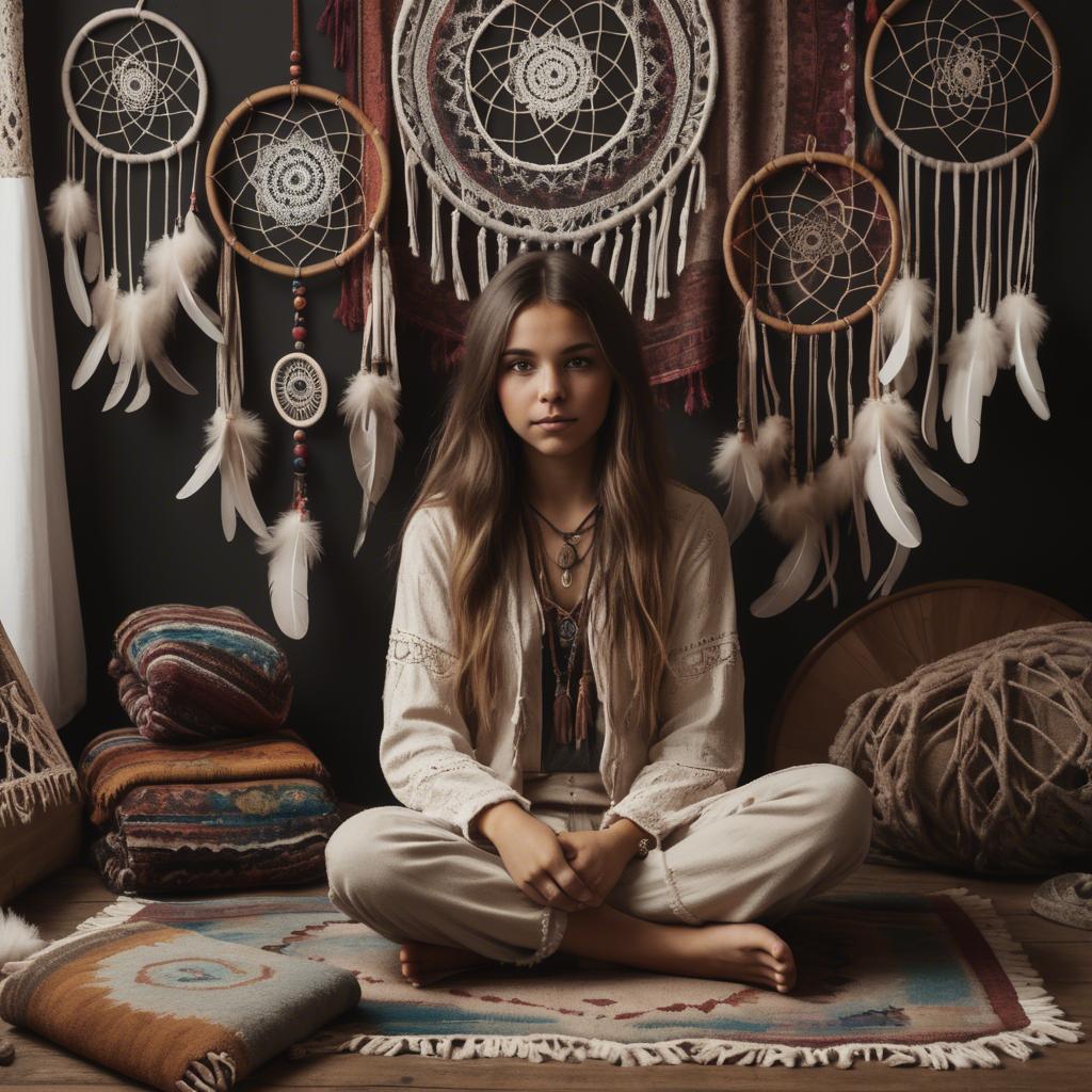 A stunning image of bohemian girl surrounded by dreamcatchers and rugs.