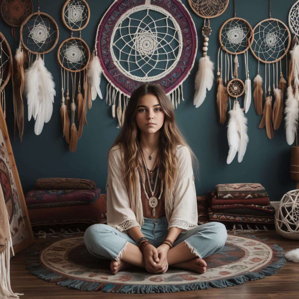A stunning image of bohemian girl surrounded by dreamcatchers and rugs.