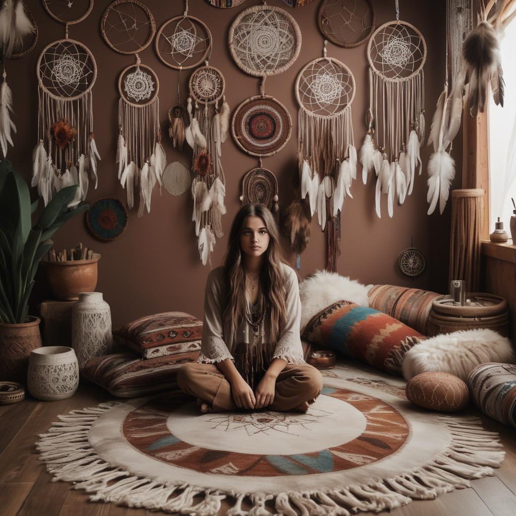 A stunning image of bohemian girl surrounded by dreamcatchers and rugs.