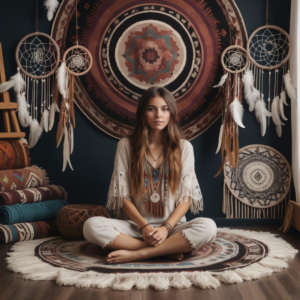 A stunning image of bohemian girl surrounded by dreamcatchers and rugs.