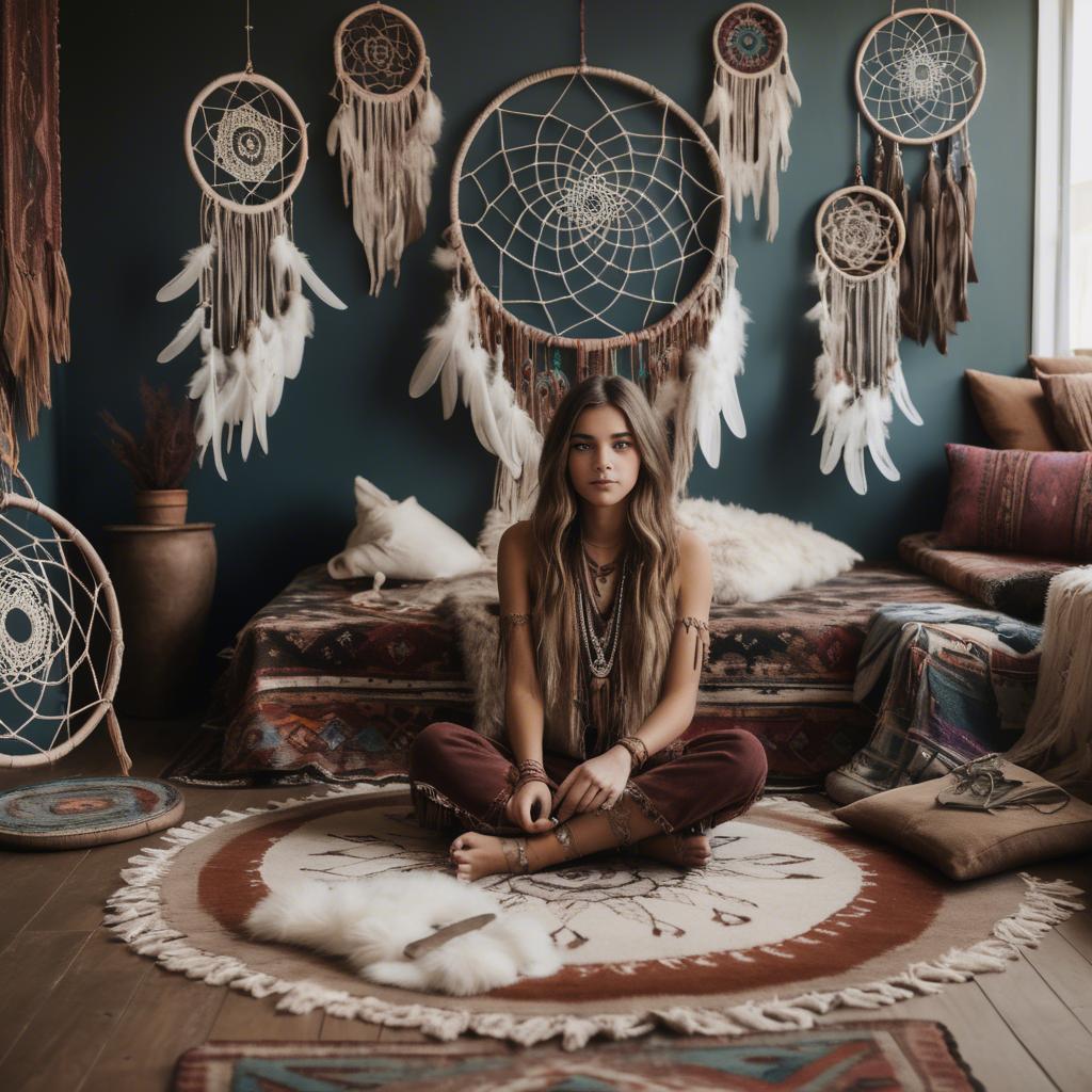 A stunning image of bohemian girl surrounded by dreamcatchers and rugs.