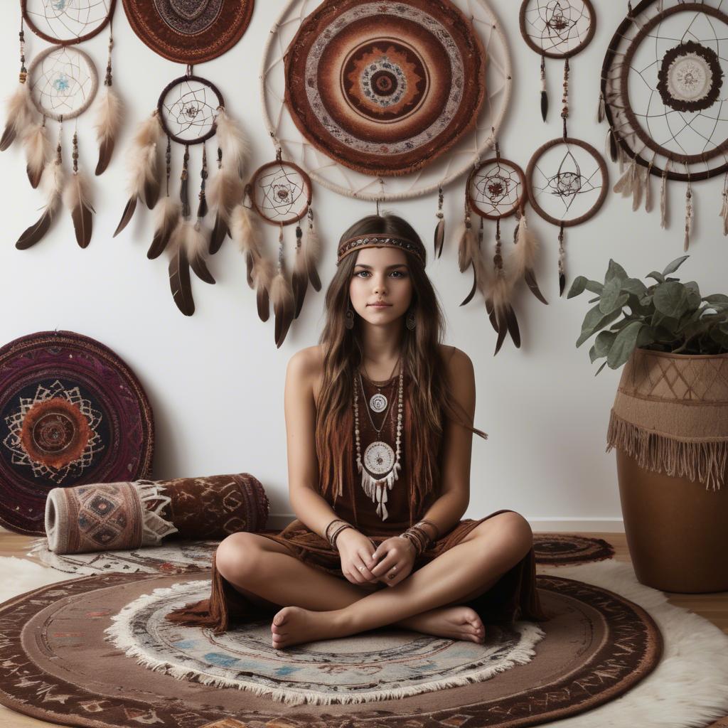 A stunning image of bohemian girl surrounded by dreamcatchers and rugs.