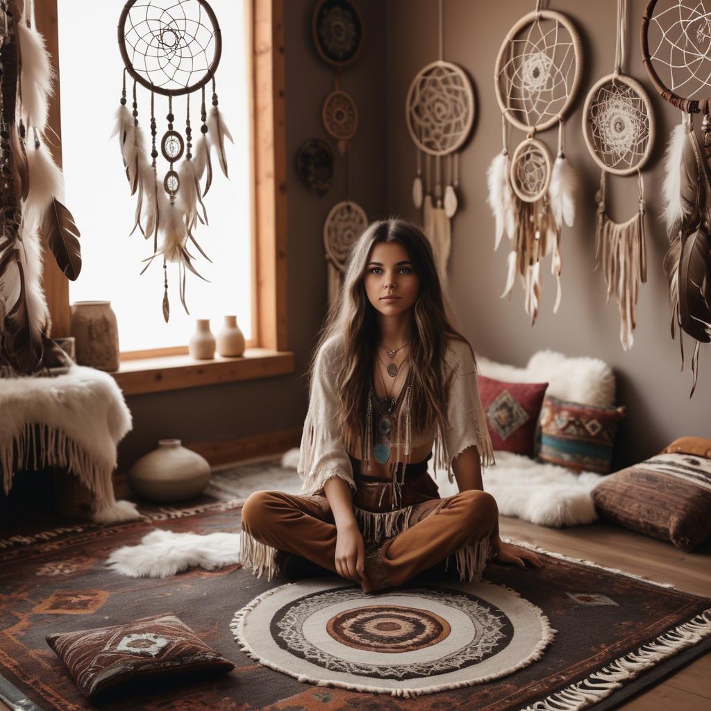 A stunning image of bohemian girl surrounded by dreamcatchers and rugs.