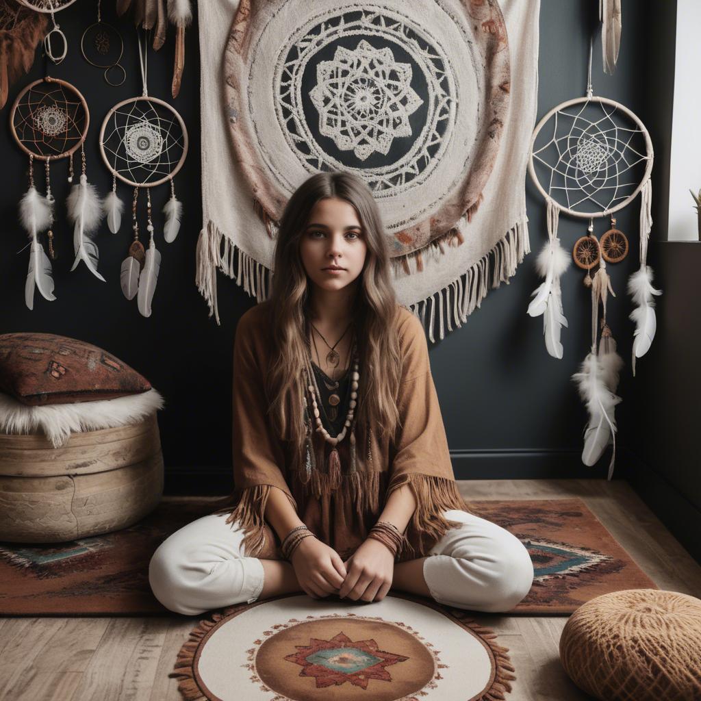 A stunning image of bohemian girl surrounded by dreamcatchers and rugs.