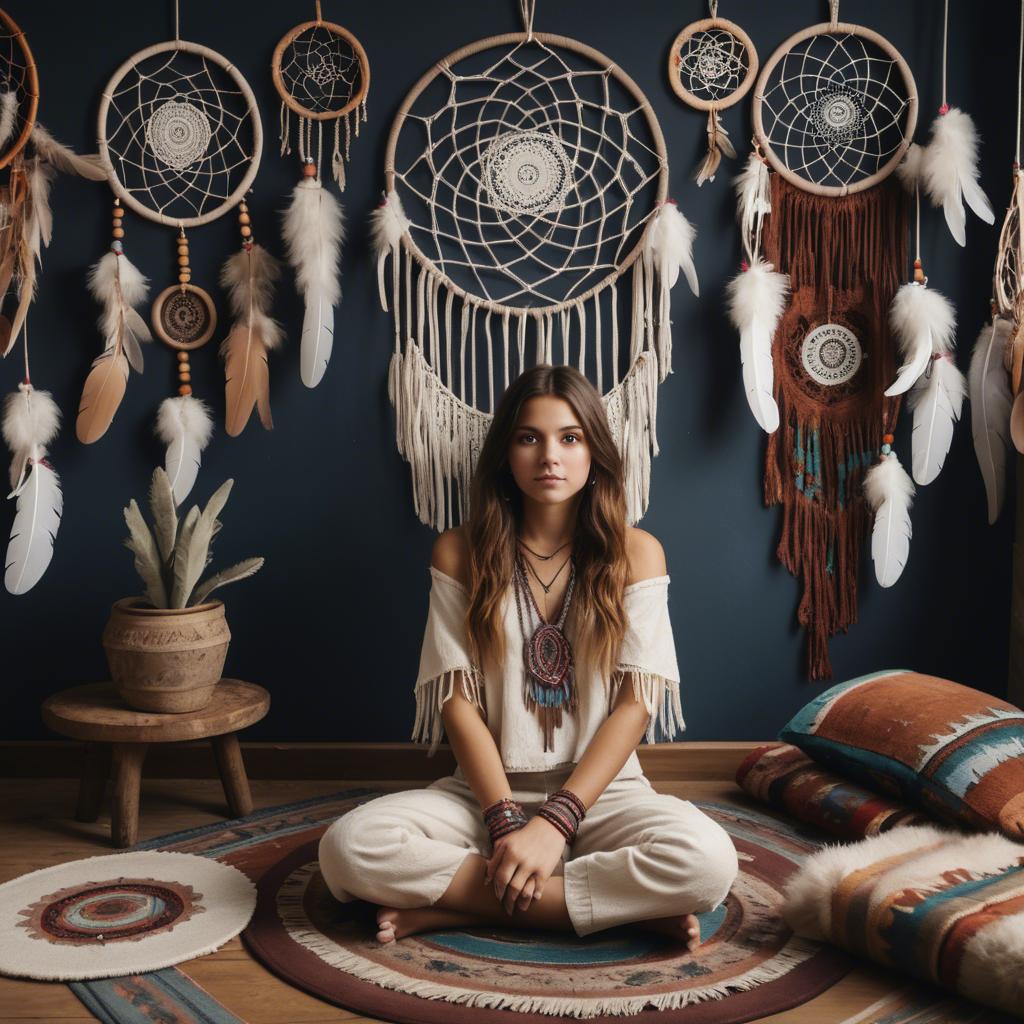 A stunning image of bohemian girl surrounded by dreamcatchers and rugs.