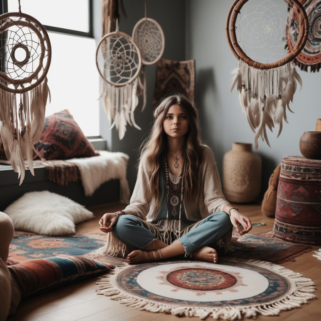 A stunning image of bohemian girl surrounded by dreamcatchers and rugs.