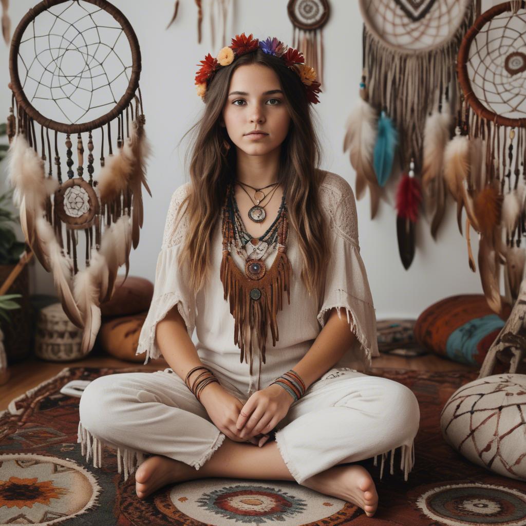 A stunning image of bohemian girl surrounded by dreamcatchers and rugs.