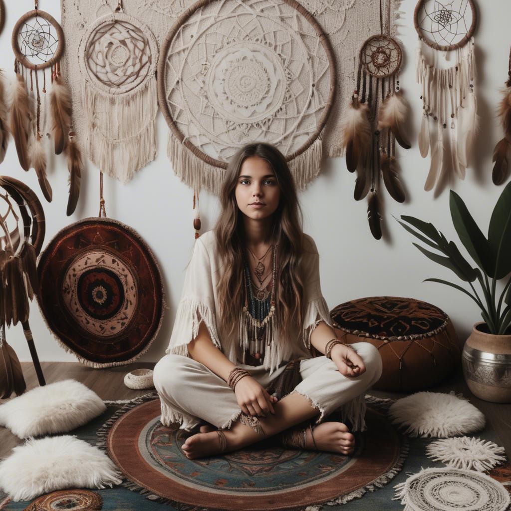 A stunning image of bohemian girl surrounded by dreamcatchers and rugs.