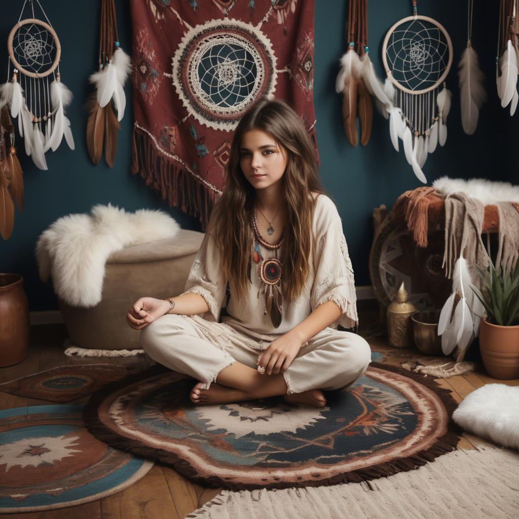 A stunning image of bohemian girl surrounded by dreamcatchers and rugs.