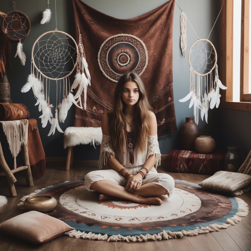 A stunning image of bohemian girl surrounded by dreamcatchers and rugs.