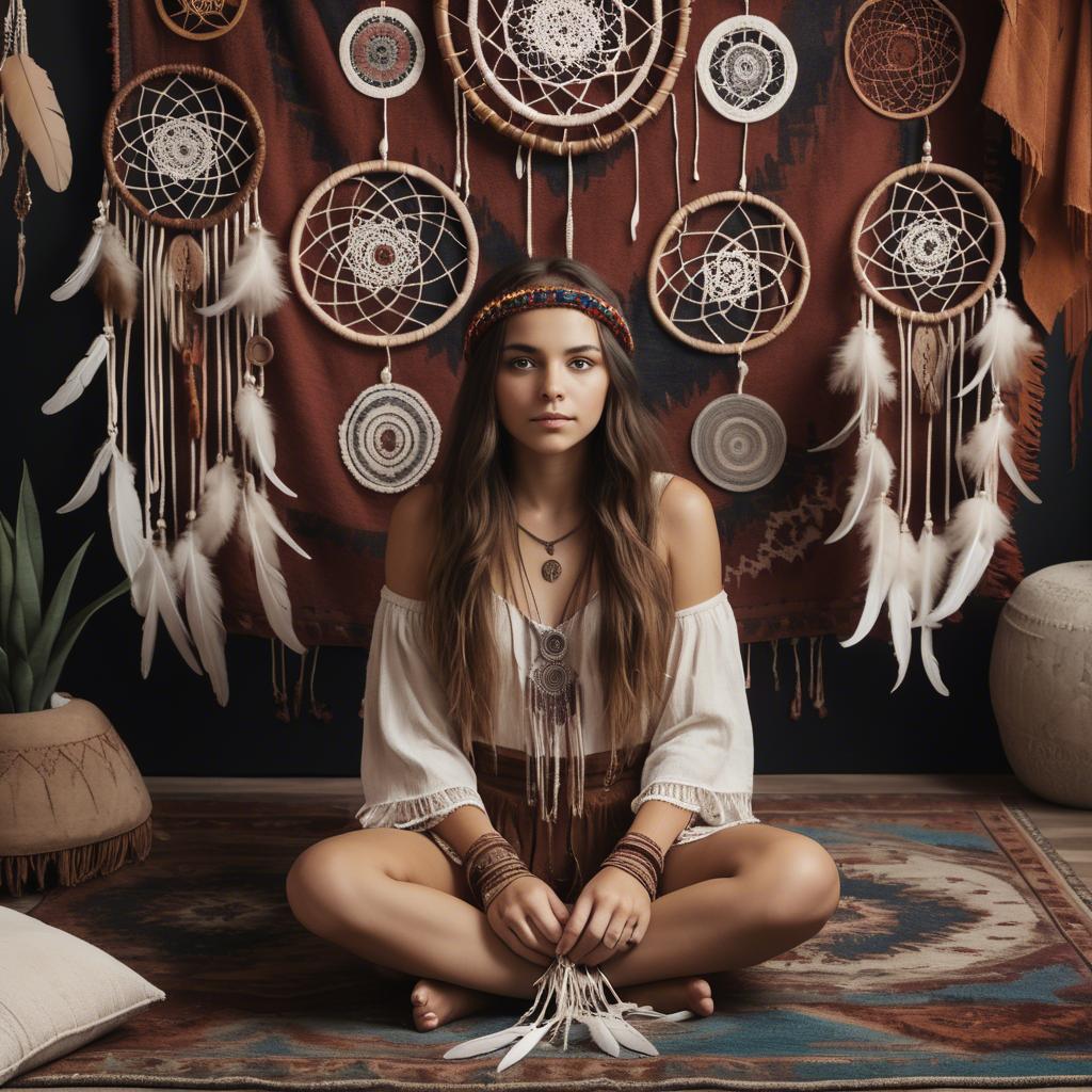 A stunning image of bohemian girl surrounded by dreamcatchers and rugs.