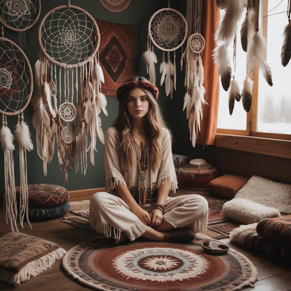 A stunning image of bohemian girl surrounded by dreamcatchers and rugs.