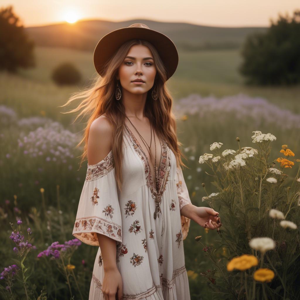 A stunning image of boho beauty surrounded by wildflowers at sunset.