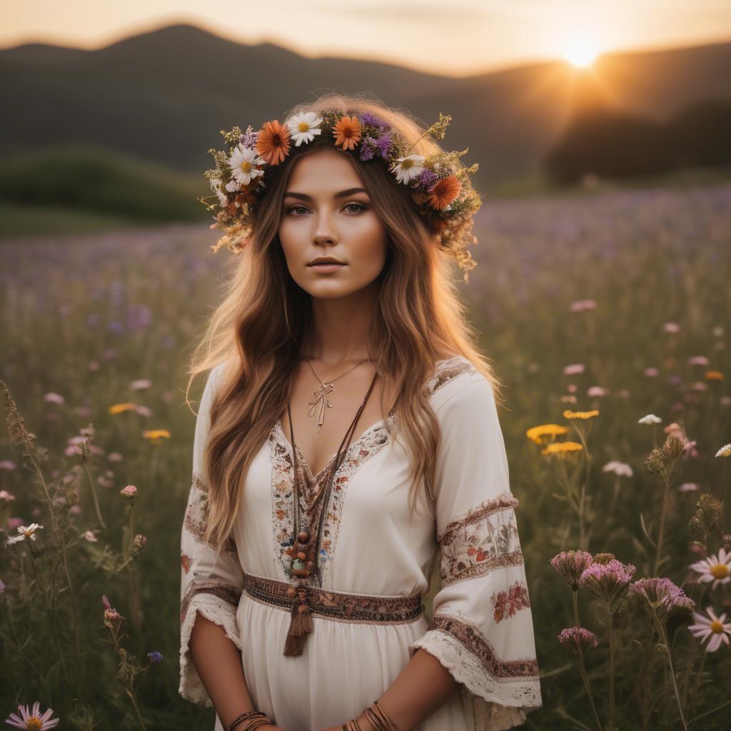 A stunning image of boho beauty surrounded by wildflowers at sunset.