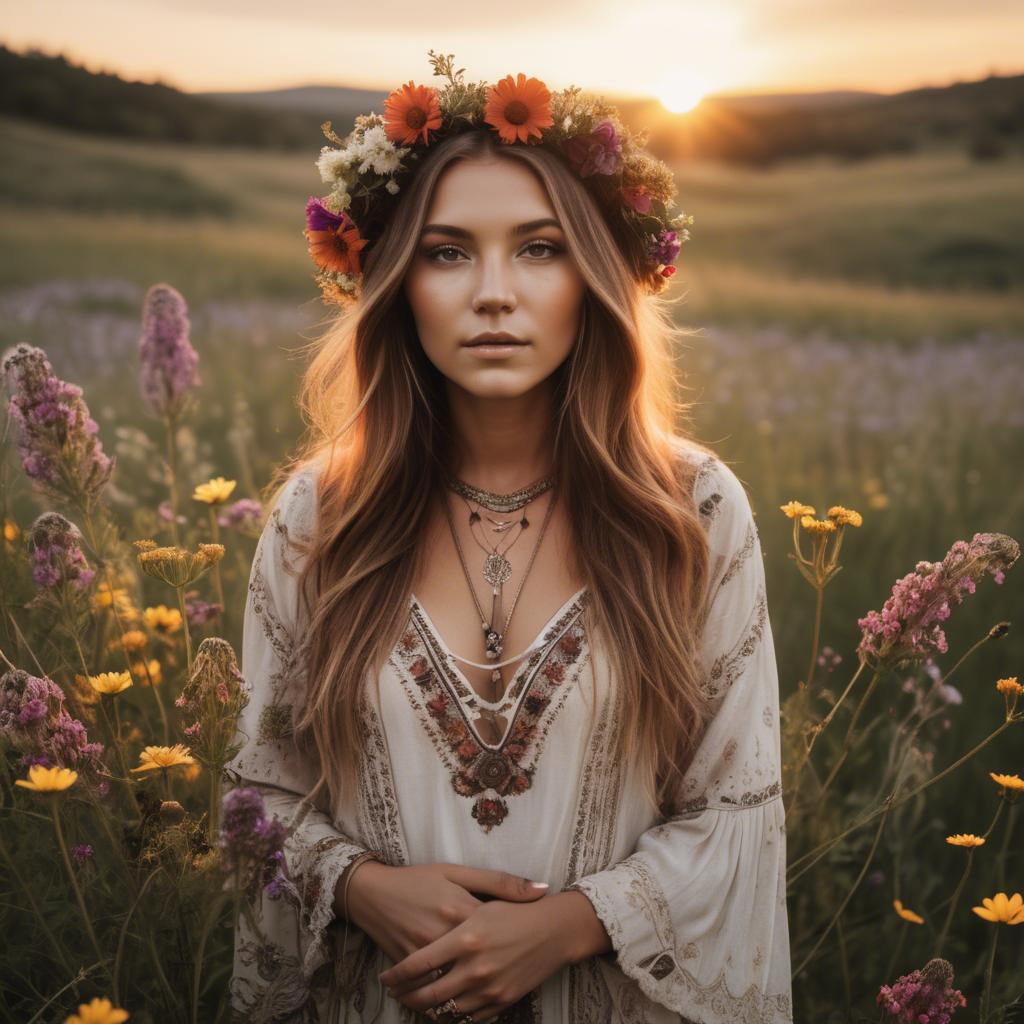 A stunning image of boho beauty surrounded by wildflowers at sunset.