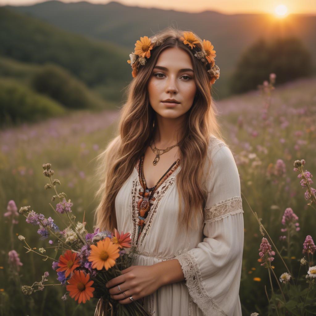 A stunning image of boho beauty surrounded by wildflowers at sunset.