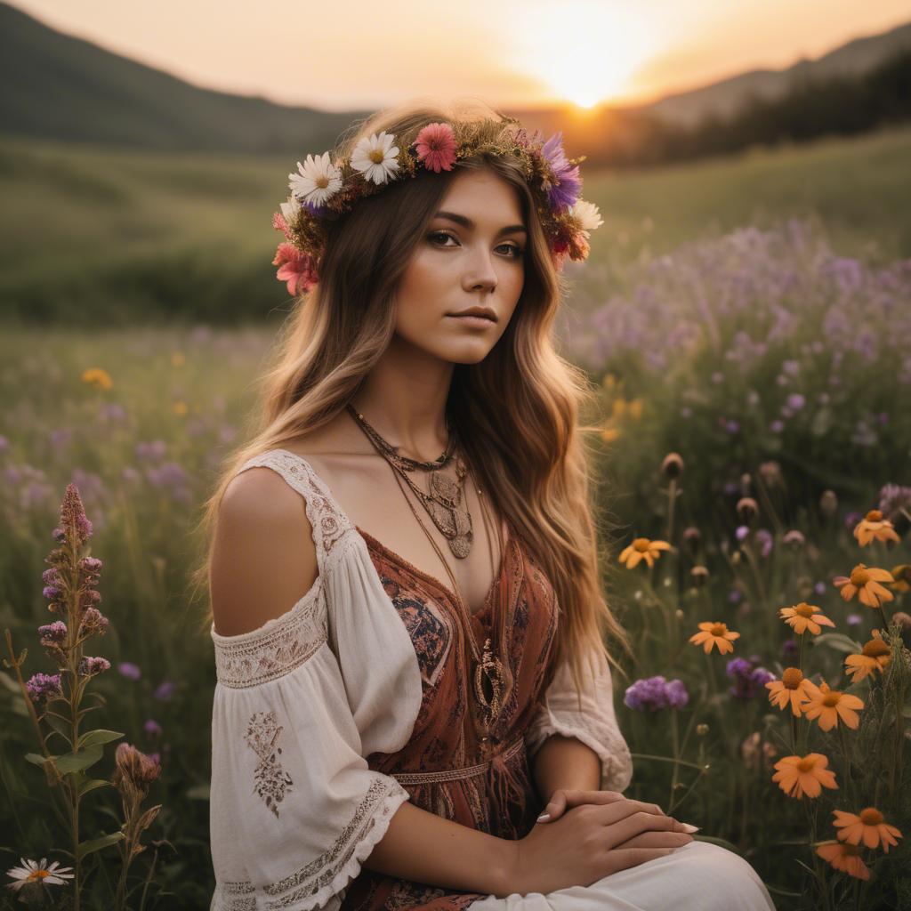 A stunning image of boho beauty surrounded by wildflowers at sunset.