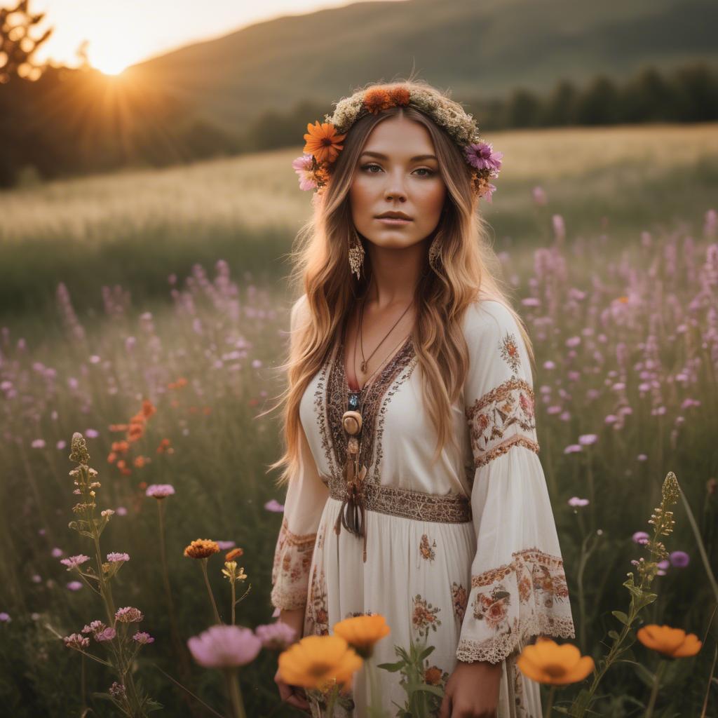 A stunning image of boho beauty surrounded by wildflowers at sunset.