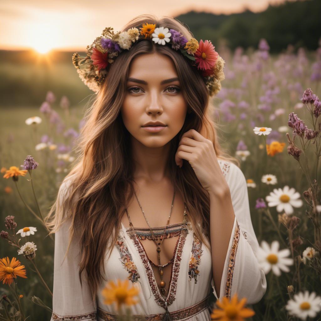 A stunning image of boho beauty surrounded by wildflowers at sunset.