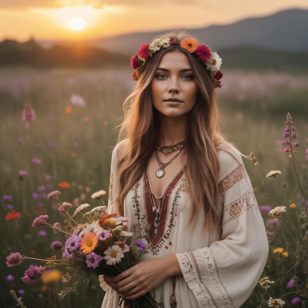 A stunning image of boho beauty surrounded by wildflowers at sunset.