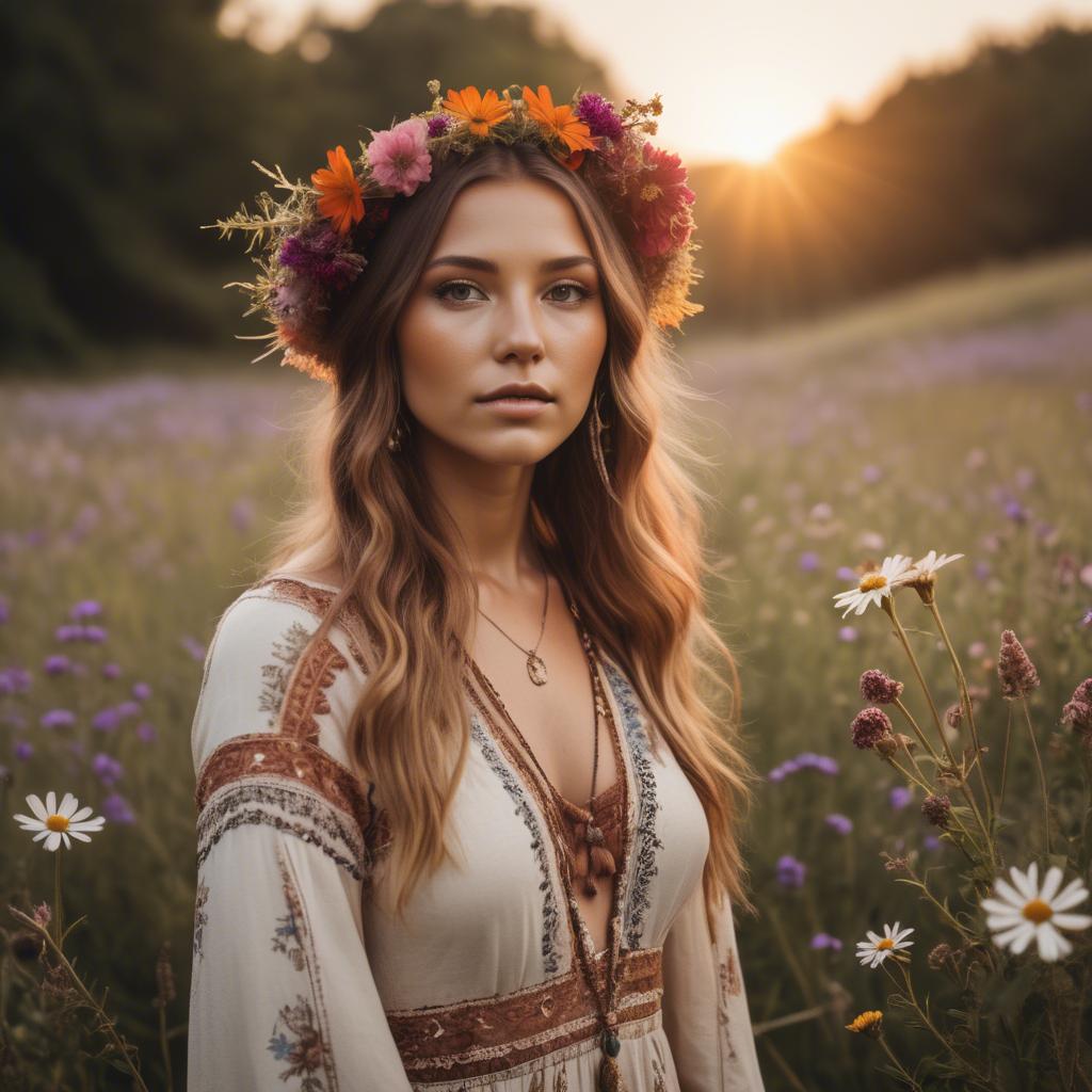 A stunning image of boho beauty surrounded by wildflowers at sunset.