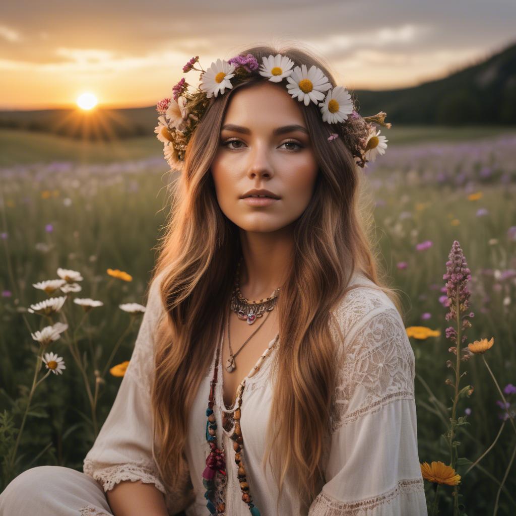 A stunning image of boho beauty surrounded by wildflowers at sunset.