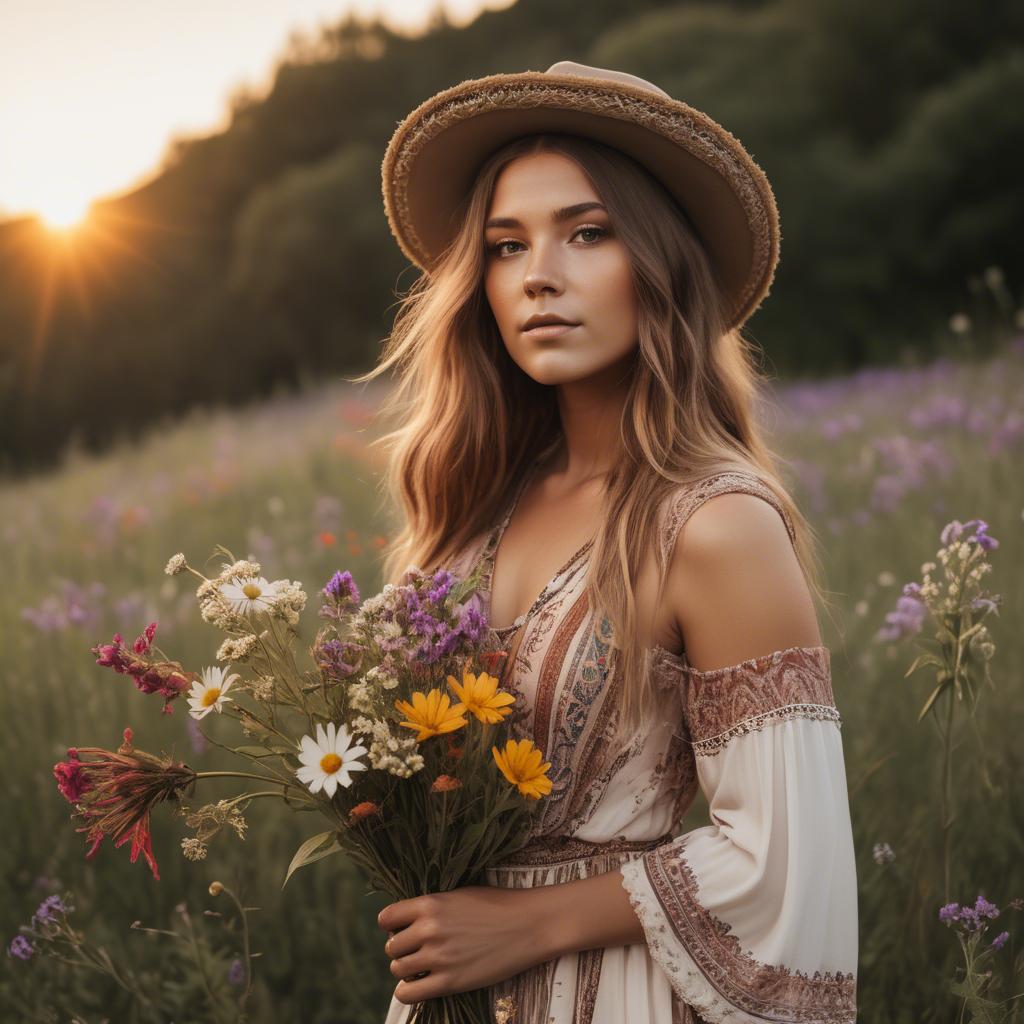 A stunning image of boho beauty surrounded by wildflowers at sunset.