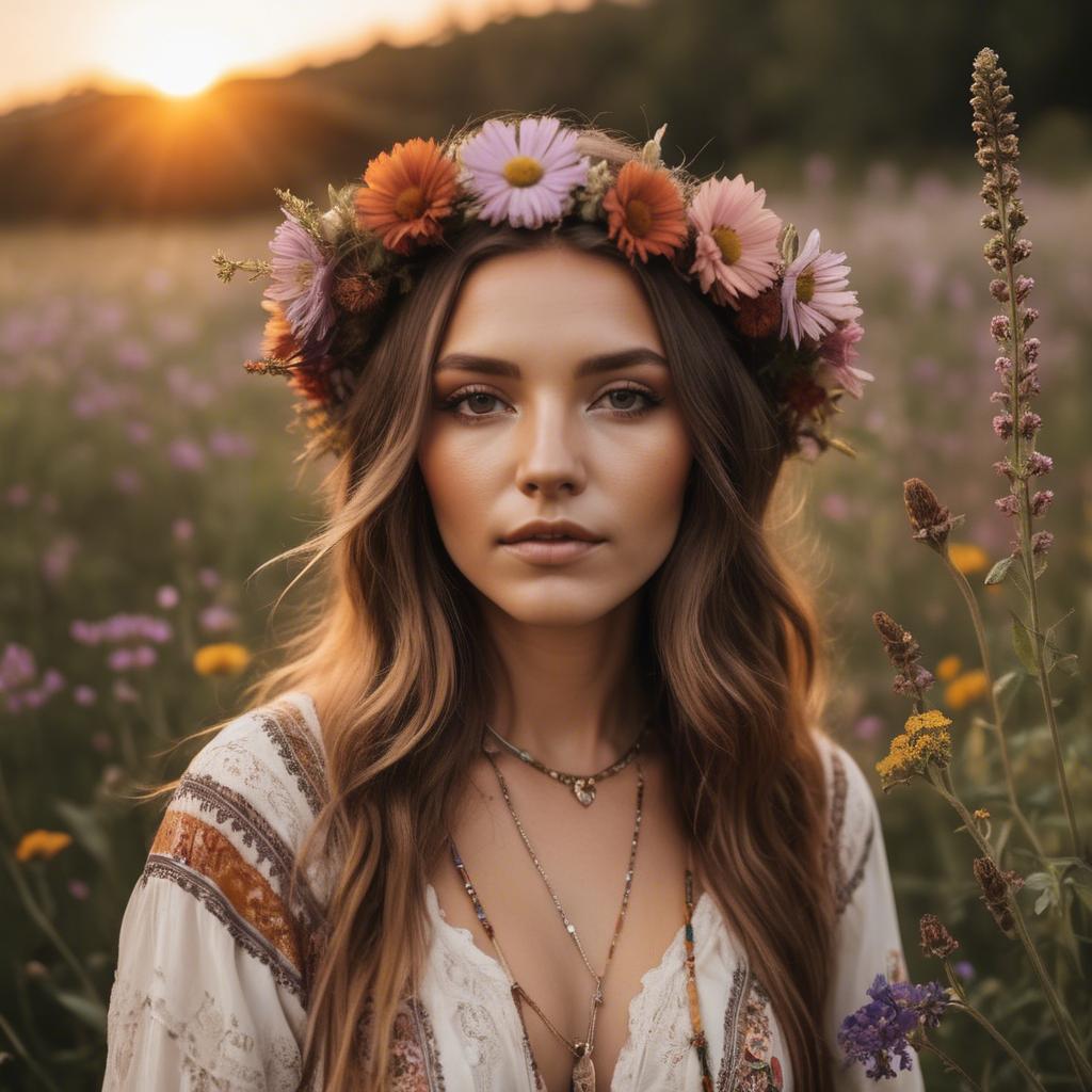 A stunning image of boho beauty surrounded by wildflowers at sunset.