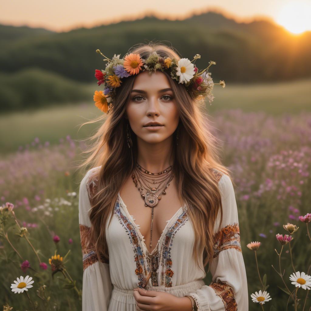 A stunning image of boho beauty surrounded by wildflowers at sunset.