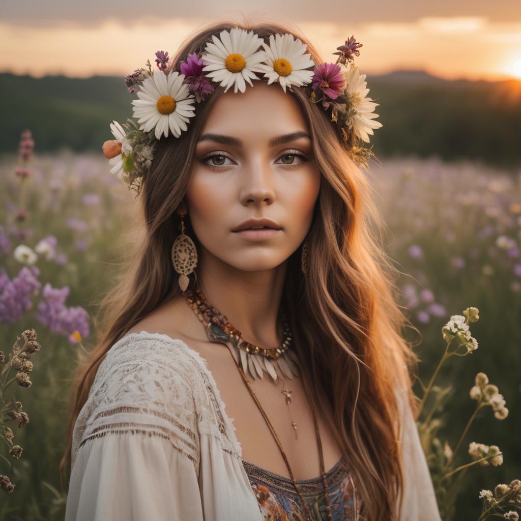 A stunning image of boho beauty surrounded by wildflowers at sunset.